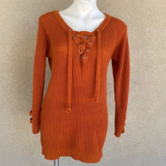 Corset Lace V Neck Knit Mini Sweater Dress Boho - Picture 2 of 5